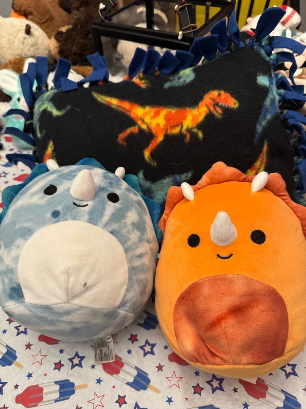 Dinosaur Plush Squishmallow-Style Set in Blue & Orange and a pillow